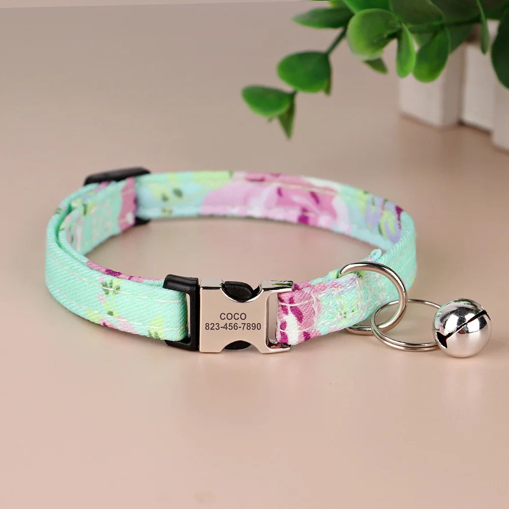Personalized Printed Cat Collar Adjustable Kitten Puppy Collars With Free Engraved ID Nameplate Bell Anti-lost Cats Collars