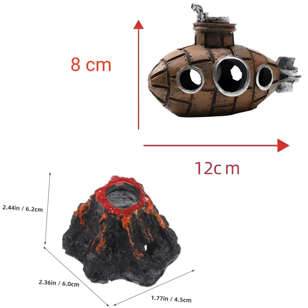 Aquarium Decoration Set Resin Submarine & Volcano Air Bubbler Fish Tank Ornaments Landscape Accessories for Betta Shrimp Decor