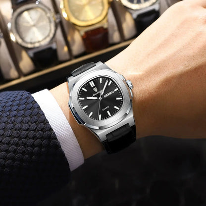 POEDAGAR Square Wristwatch For Men Luminous Waterproof Week Calendar Luxury Man Clock Leather Quartz Fashion Men's Watches Reloj