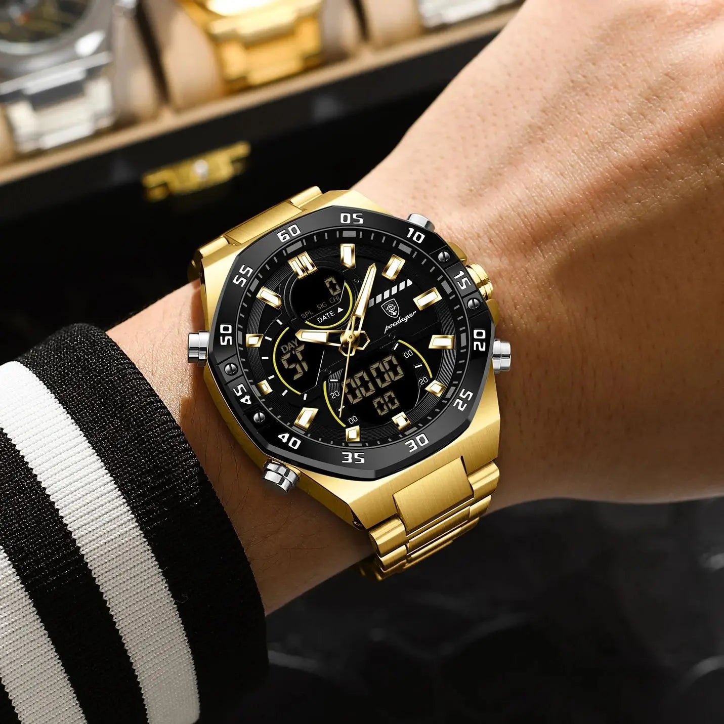 POEDAGAR Top Men Clock LED Luminous Waterproof Week Date Military Man Wristwatch Electronic Stainless Steel Quartz Men's Watches