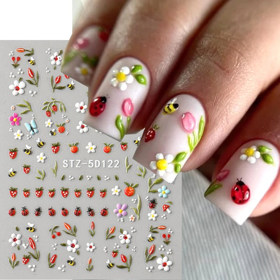 5D Embossed Kawaii Ladybug Sliders Spring White Daisy Flowers Nail Stickers DIY Simple Petals Wedding Nails Decals Accesories