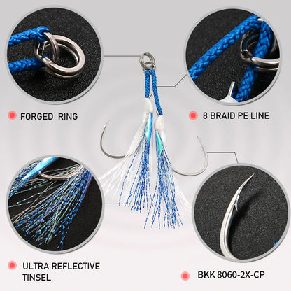 JIGGING PRO Twin Assist Hooks 1/0 2/0 3/0 4/0 Double Barbed BKK High Carbon Steel Fishing Hook With Glow Feather Jigging Hook