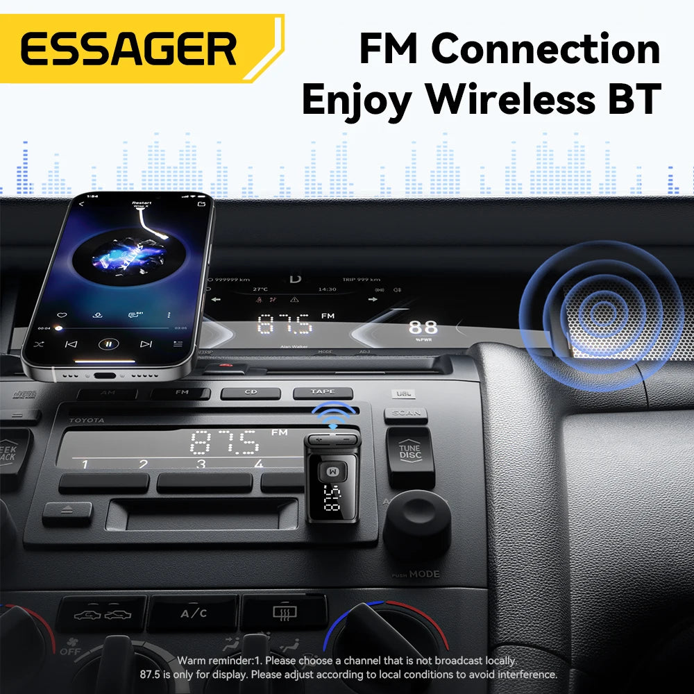 ESSAGER Bluetooth 5.4 Car Adapter Wireless FM Transmitter Audio Receiver&Handsfree Call Auto Stereo Mic Car Adapter Accessories
