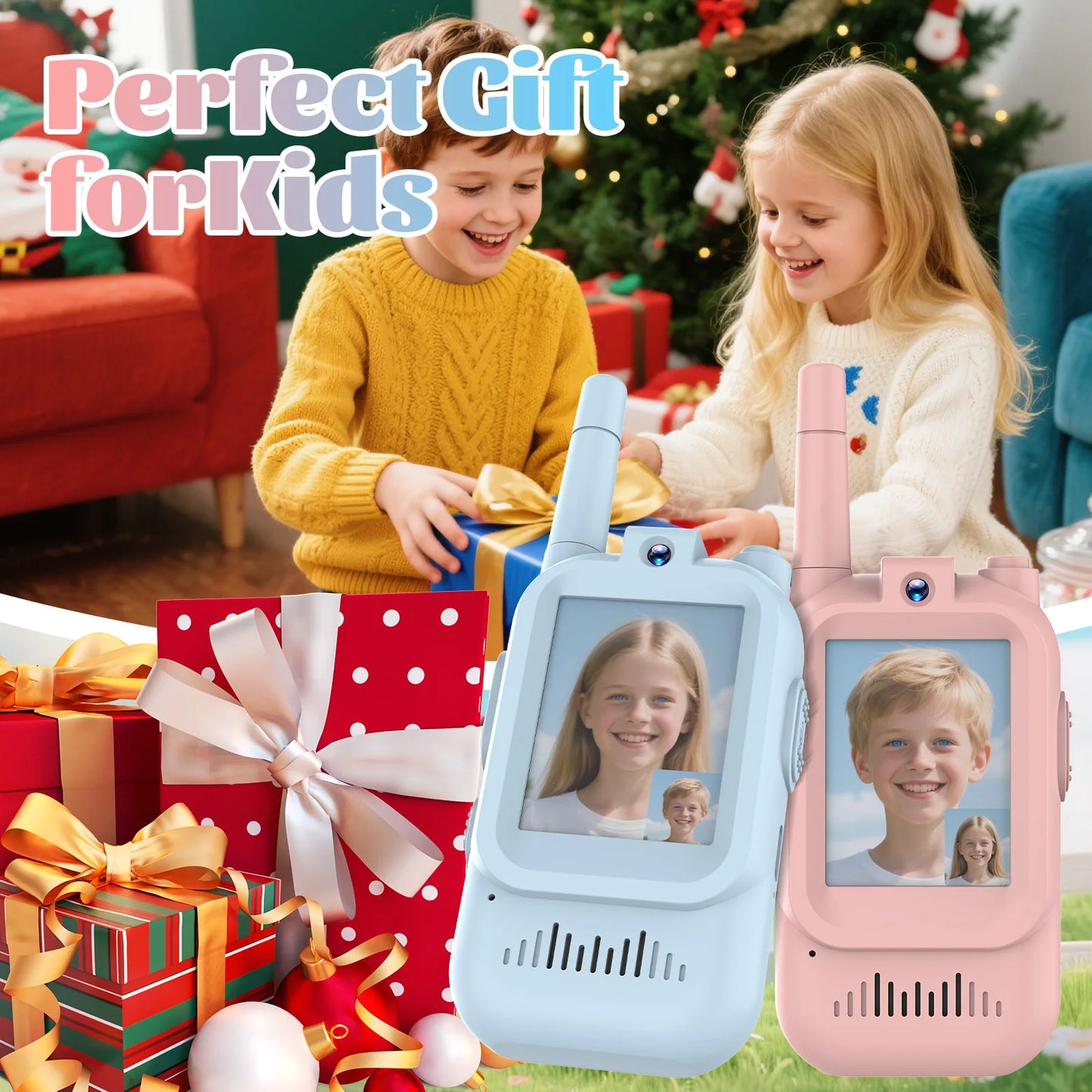2 Pack Kids Walkie Talkies with Video, Rechargeable, Portable Play Toy, Gift for Camping Travel, Boys Girls 3-12