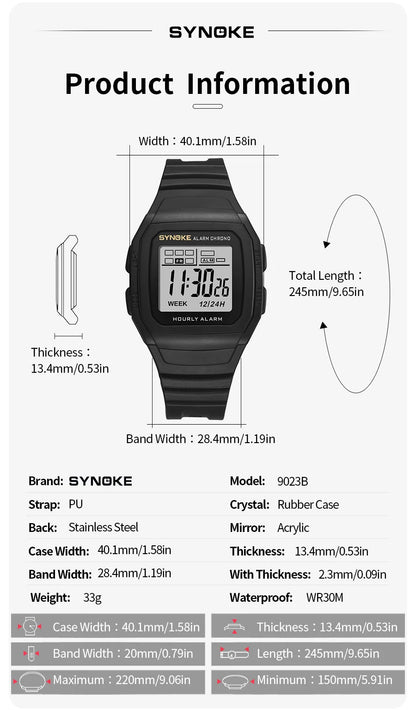 SYNOKE Digital Watch Student Electronic Outdoor Sports Boy Luminous Waterproof MultiFunction Watch Retro Square Watch