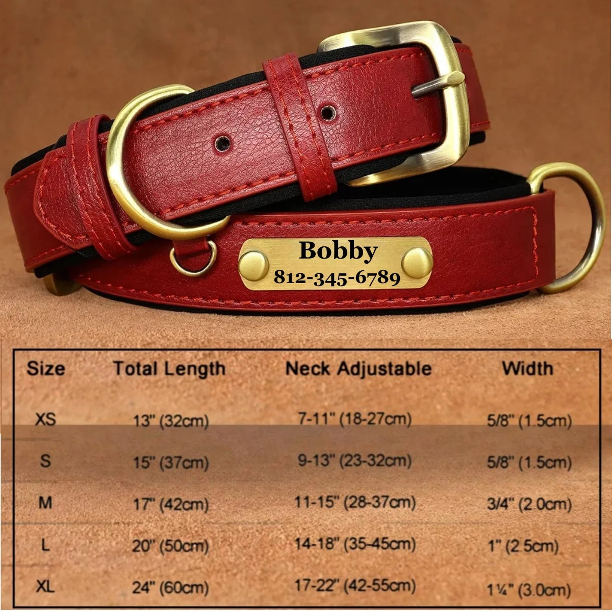 Customizable Leather Dog Collars Personalized Engraved Nameplate, Soft Padded Collar with Custom ID Tag, Adjustable for All Pet