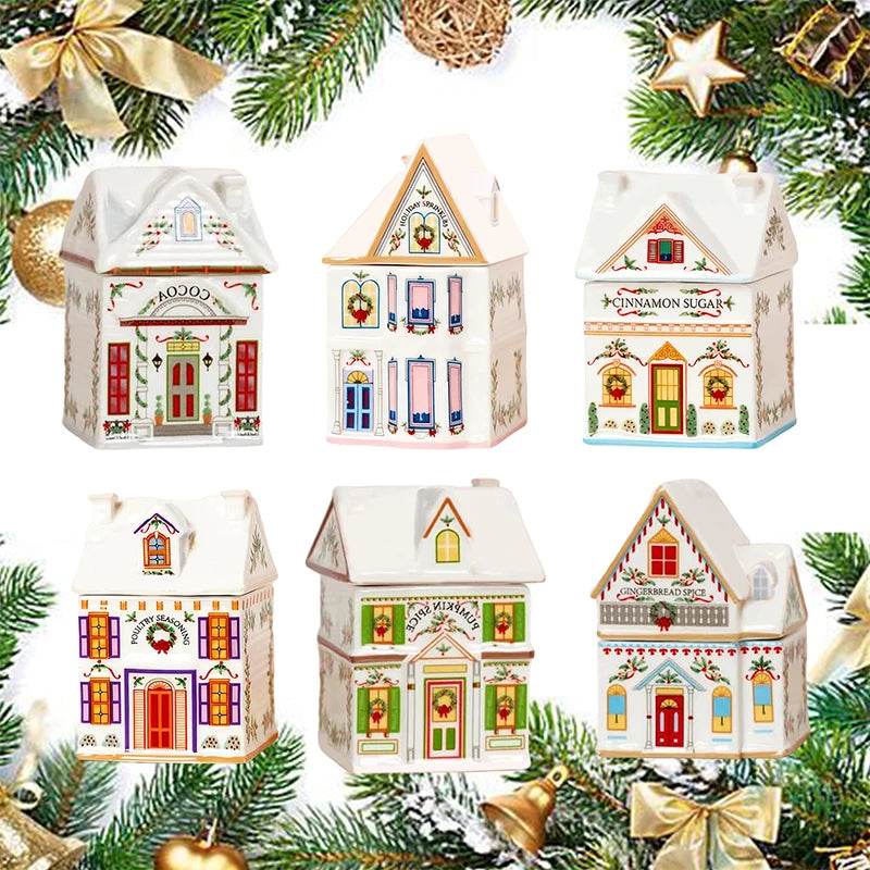 Holiday Village Spice House Set, Mini Christmas Gingerbread Houses Jars, Festive Decor Kitchen Countertop Christmas Candle