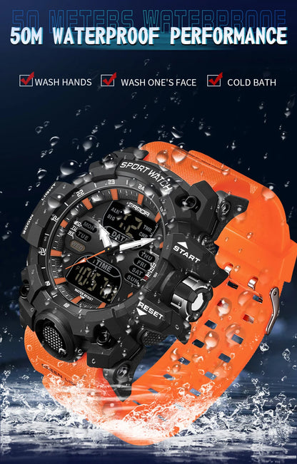 SANDA Luxury G Style Men's Electronic Watch Outdoor Sports LED Analog Digital Chronograph Military Dual Display 50M Waterproof