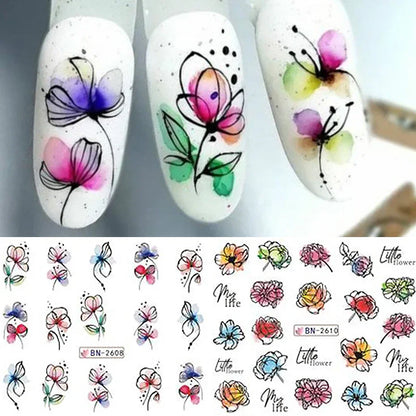 12 Pcs Summer Ink Blooming Flowers Nail Art Stickers, Water Decal Leaves Graffiti Slider Nail Decoration