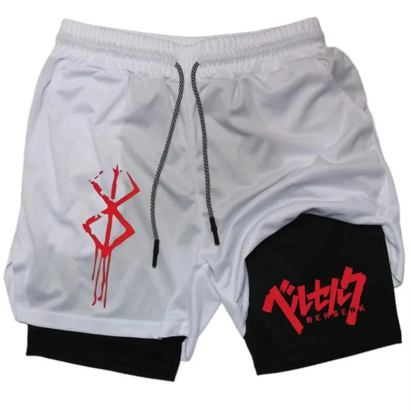 Anime Berserk Performance Shorts Men 2-in- Running Compression Shorts Training Yoga Gym Sportswear Workout Shorts with Pockets