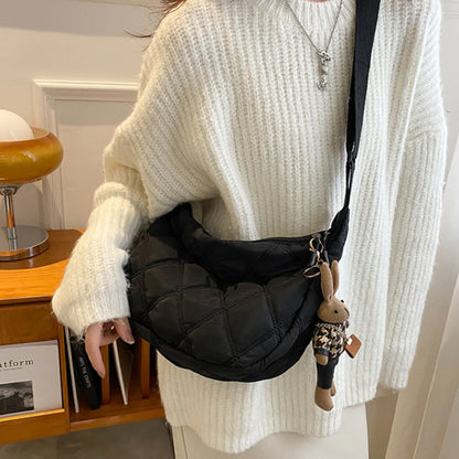 Black diamond check embroidered thread large capacity down Cloud Women's shoulder crossbody dumpling bag (without pendant)