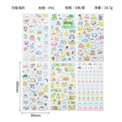 6Pieces/Set Transparent Pvc Waterproof Cartoon Sticker DIY Hand Account Decorative Stickers Kawaii Phone Cup Stickers