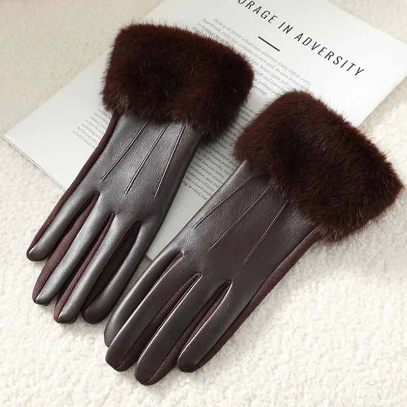 Winter Luxury Women's PU Leather Gloves Wrist Soft Faux Fur Trim Cuff Fashion Elegant Party Warm Touch Screen Drive Cycling