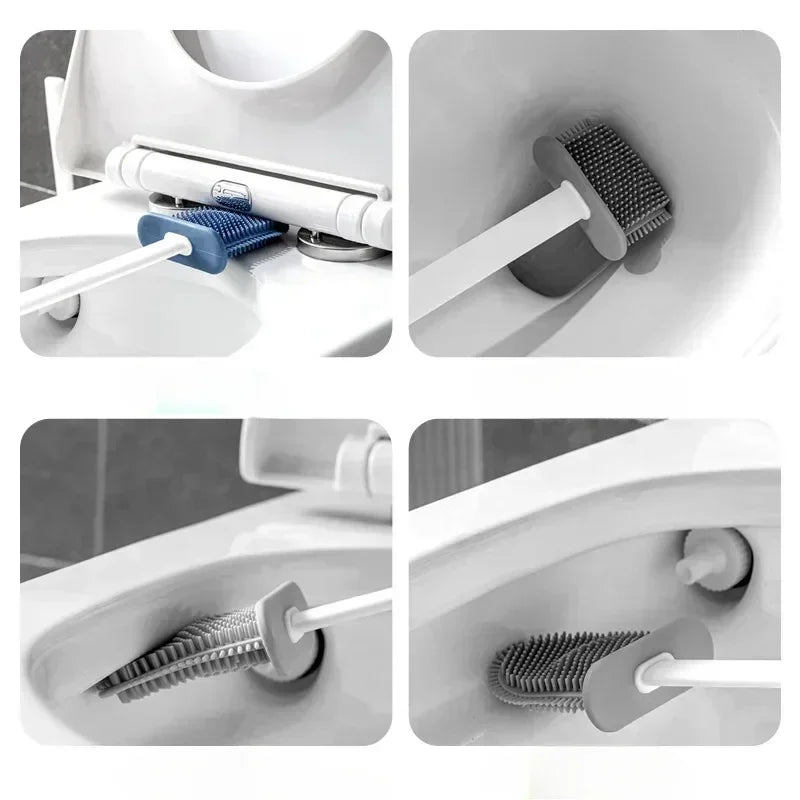 Silicone Toilet Brush Set Flat Head Flexible Wall Mounted Bowl Cleaner with Brush Holder for Bathroom WC