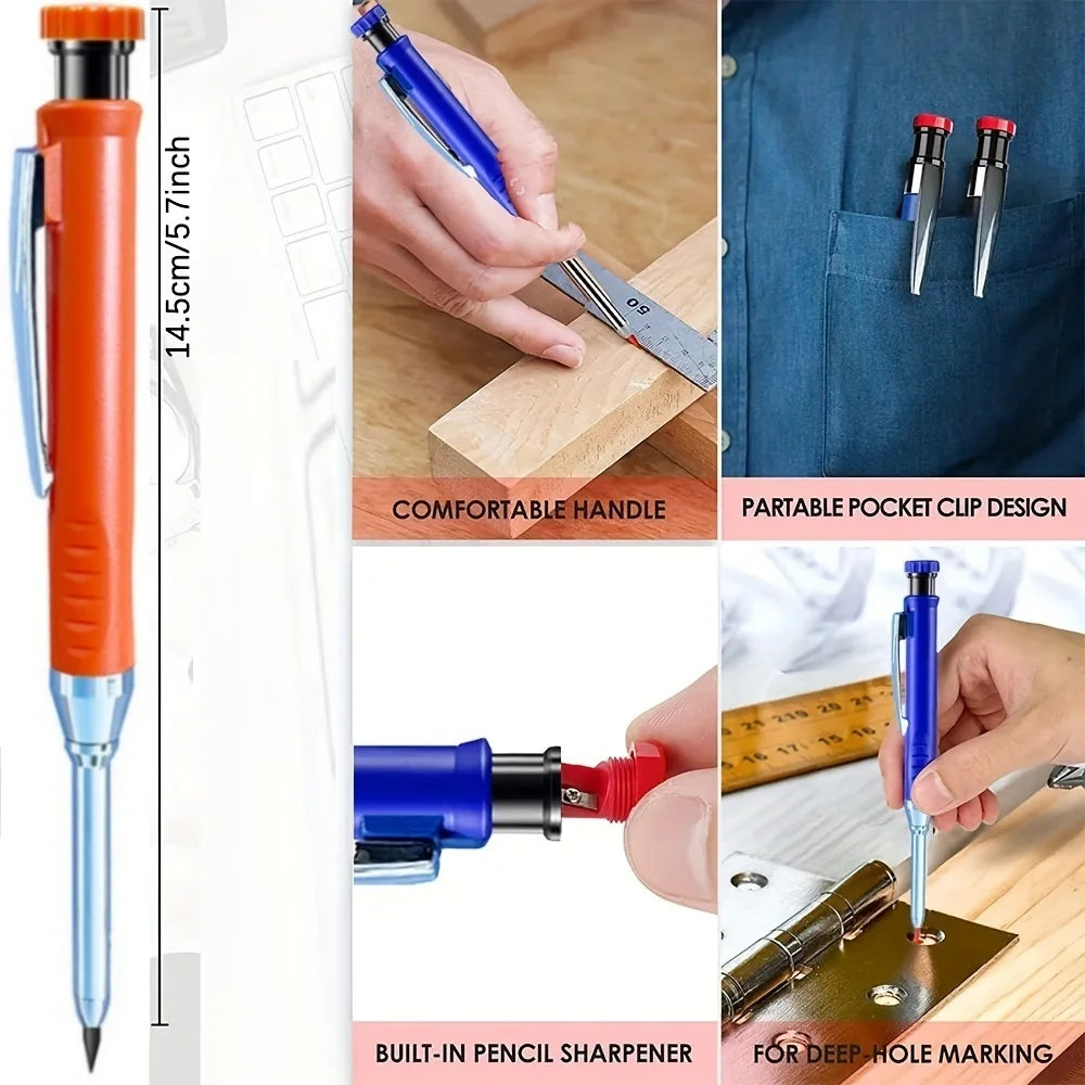Solid Carpenter Pencils Set with 16Refills, 2.8mm Deep Hole Mechanical Pencil Marker Construction Pencils Woodworking Drafting