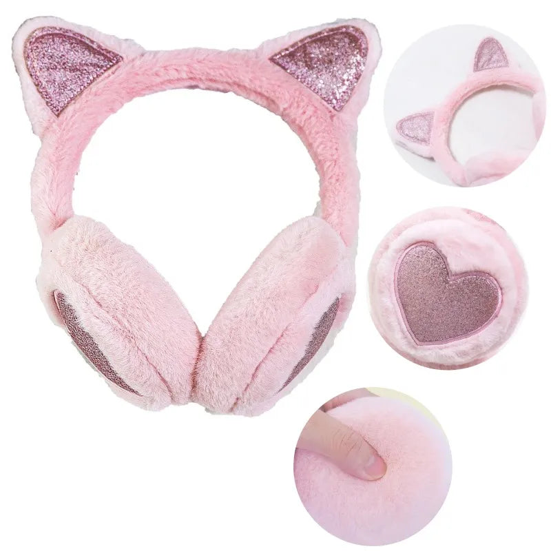 Plush Winter Warm Ear Earmuffs Glitter Cat Ear Warmers Heart Fur Hang Ear Cover for Women Girl Earflap Cold Protection Ear Muffs