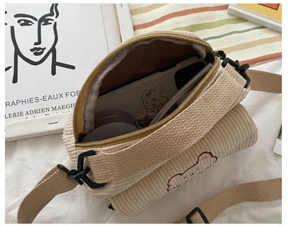 Personalized Teddy Bear Embroidered Diagonal Shoulder Bag, Corduroy Leisure Bag, WOMEN'S Crossbody Bag