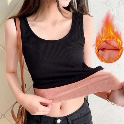 Women'S Winter Thermal Underwear Top Seamless Plus Velvet Shirt Sleeveless Vest Warm Female Undershirt Solid Color Sexy Lingerie