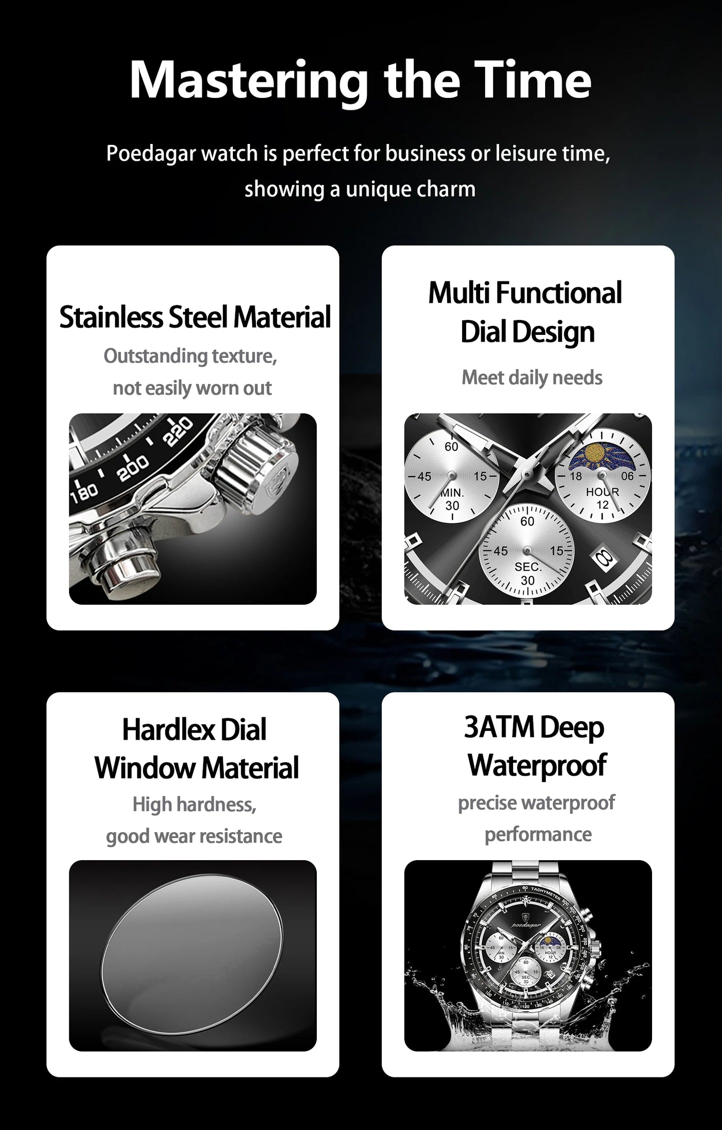POEDAGAR Business Brand Man Wristwatch Waterproof Stainless Steel Luminous Men Watch Chronograph Date Men's Quartz Watches Reloj