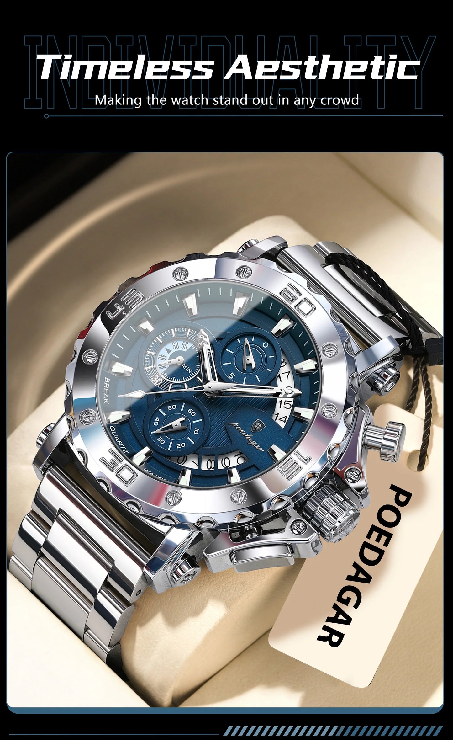 POEDAGAR Luxury Men's Watch Calendar Luminous Waterproof Man Clock Chronograph Stainless Steel Quartz Watches For Men Reloj Gift