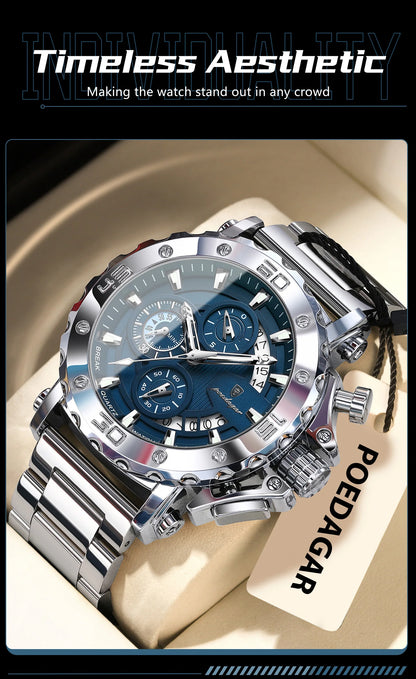 POEDAGAR Luxury Men's Watch Calendar Luminous Waterproof Man Clock Chronograph Stainless Steel Quartz Watches For Men Reloj Gift
