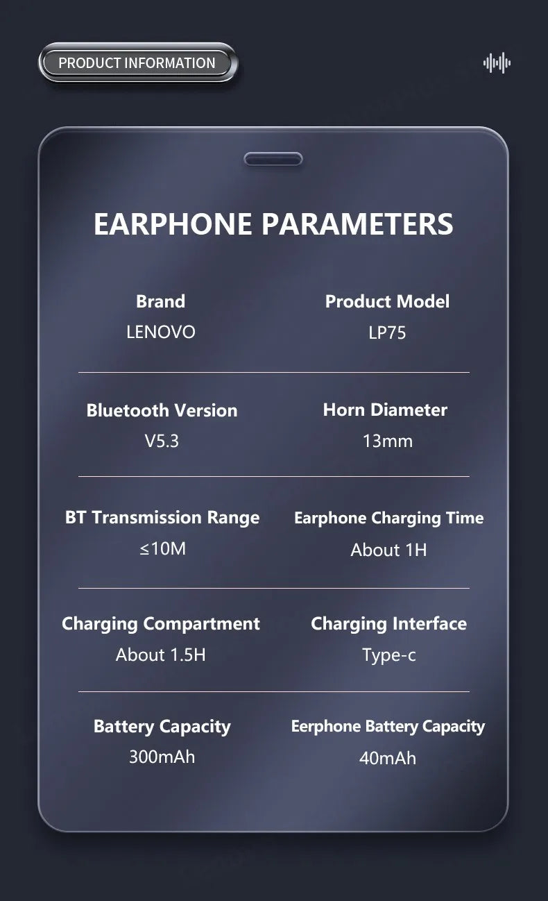 Lenovo LP75 TWS Wireless Bluetooth V5.3 Earphones IPX5 Digital Display Ear Hook Earbuds HiFi Stereo Noise Reduction Headphones