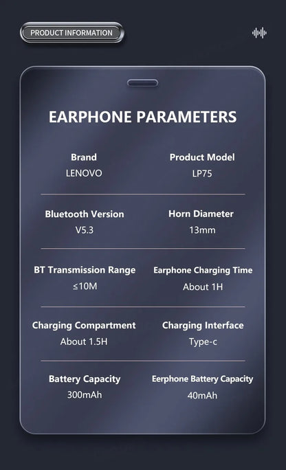 Lenovo LP75 TWS Wireless Bluetooth V5.3 Earphones IPX5 Digital Display Ear Hook Earbuds HiFi Stereo Noise Reduction Headphones