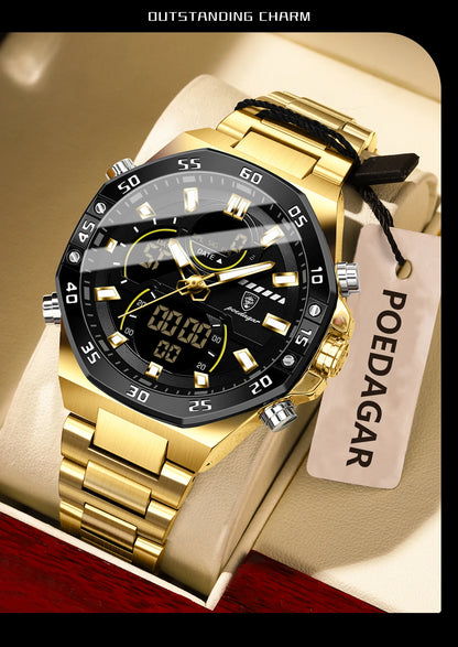 POEDAGAR Top Men Clock LED Luminous Waterproof Week Date Military Man Wristwatch Electronic Stainless Steel Quartz Men's Watches