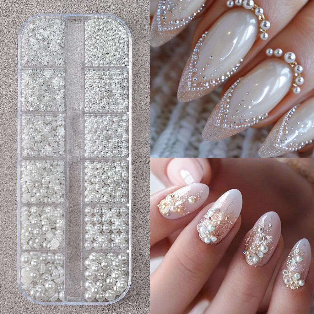 12Grid 3D Gold Ocean Rivet Nail Charms Mixed Seahorsea/Starfish /Conch Pearl/Mini Caviar Beads/Rhinestone Nail Jewery Decoration