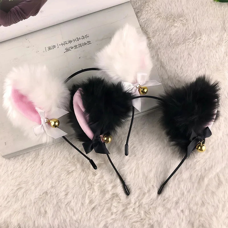 Plush Lace Cat Ears Bell Headband for Women Korean Style Elegant Fashion Girl Hair Band Party Cosplay
