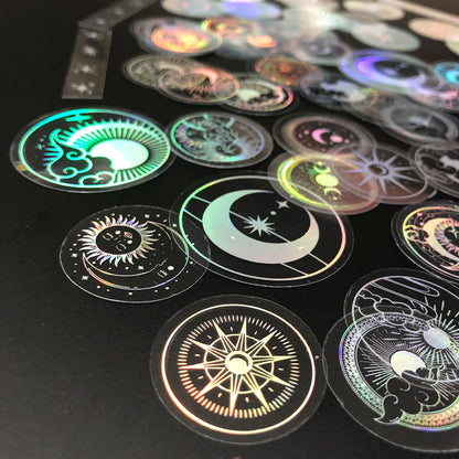 70 pcs Glitter Gold PET Adhesive Stickers Waterproof Transparent Label: SUN MOON Stars Etc