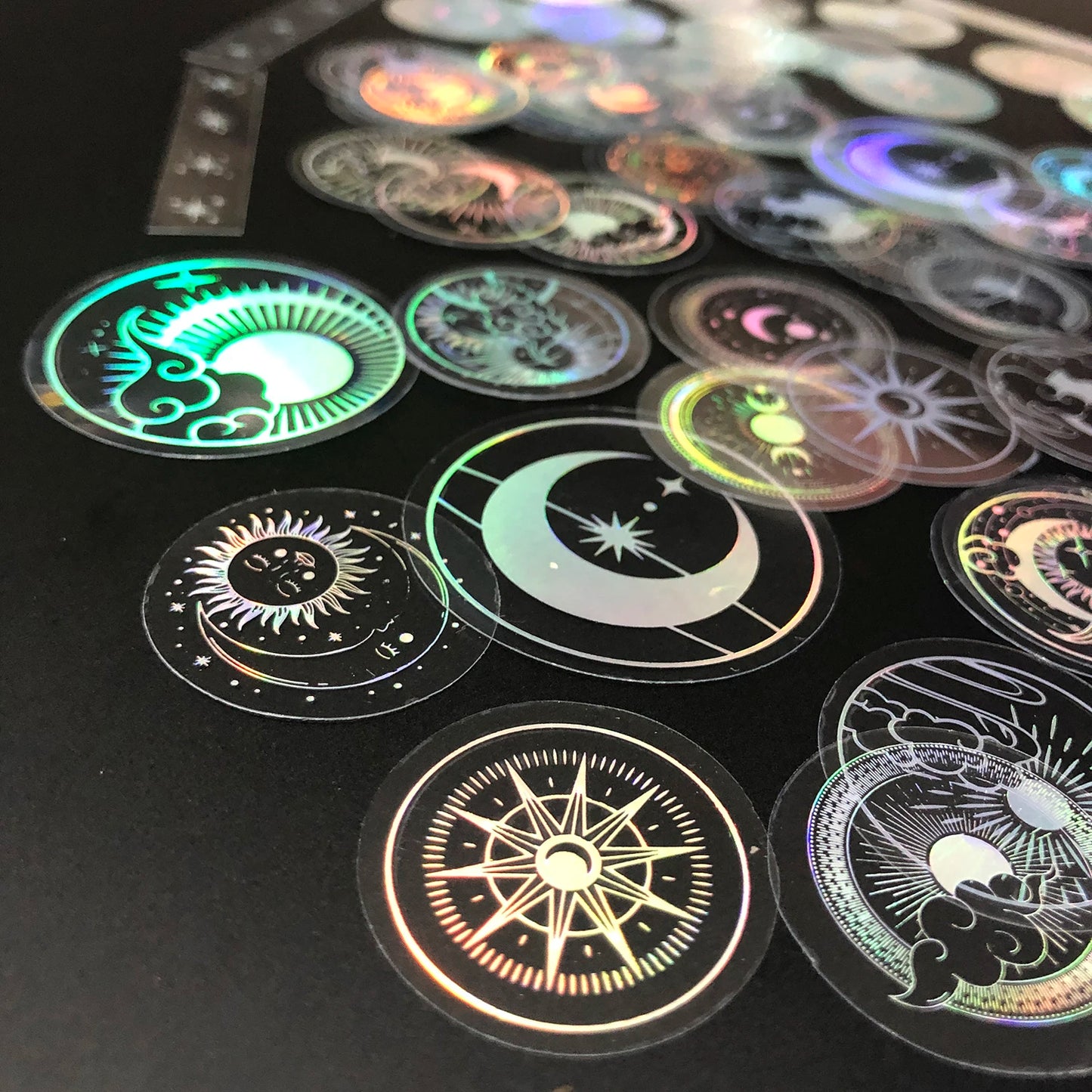 70 pcs Glitter Gold PET Adhesive Stickers Waterproof Transparent Label: SUN MOON Stars Etc