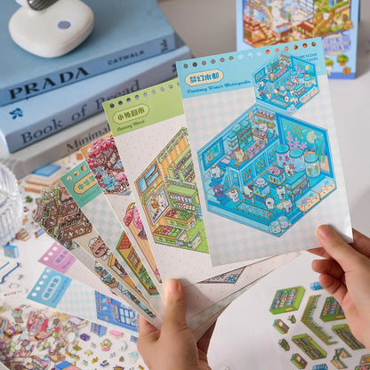 Mr Paper 49pcs/bag Business Town Series Mini 3D Miniature Scenography Sticker Book Visual Stacking Scene Stickers DIY Gift Decor