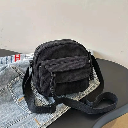 Corduroy Crossbody Bag for Women Casual Harajuku Style Zipper Closure Adjustable Strap Multi Pockets Polyester Lining Beige