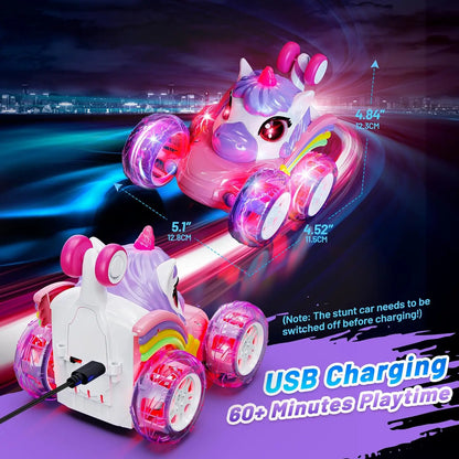 2.4G Lighting unicorn Remote Control Stunt Dump Truck Chase Light Twist Change Car Drift Dancing Toy Car, Children's New Year Bi
