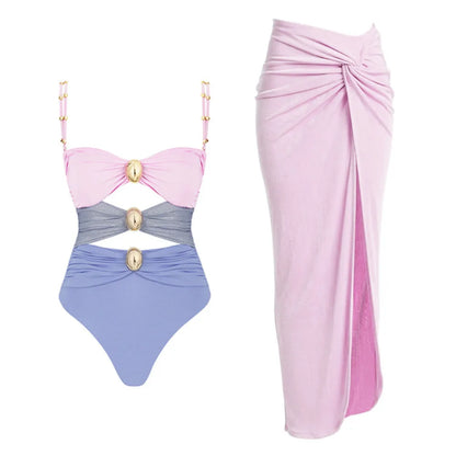 Blue One-Shoulder Ruffled Print Floral Swimsuit Set Cover Up Single Piece Micro Monokini Sexy Swimwear For Girls Summer Beach