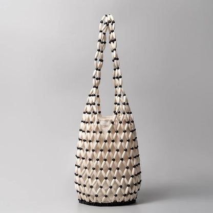 Women Woven hand bag summer design hollow-out wooden bead tote bucket shoulder bag female Reticulate netted canvas beach handbag