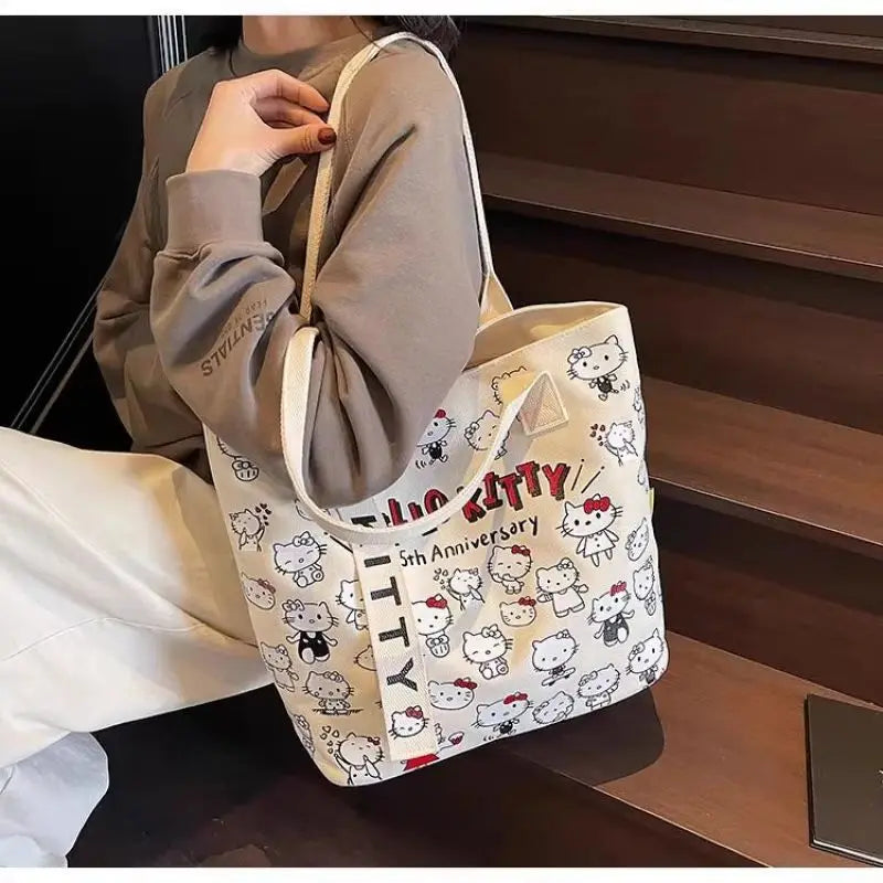 Sanrio Hello Kitty Canvas Shoulder Bag, Large Capacity Storage Bag, Casual Handbag, Multifunctional Birthday Surprise Gift