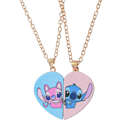 Couple's Stitch Heart Necklace - Gold & Silver Angel And Stitch Cute Style Jewelry Pendant Gift for Girls