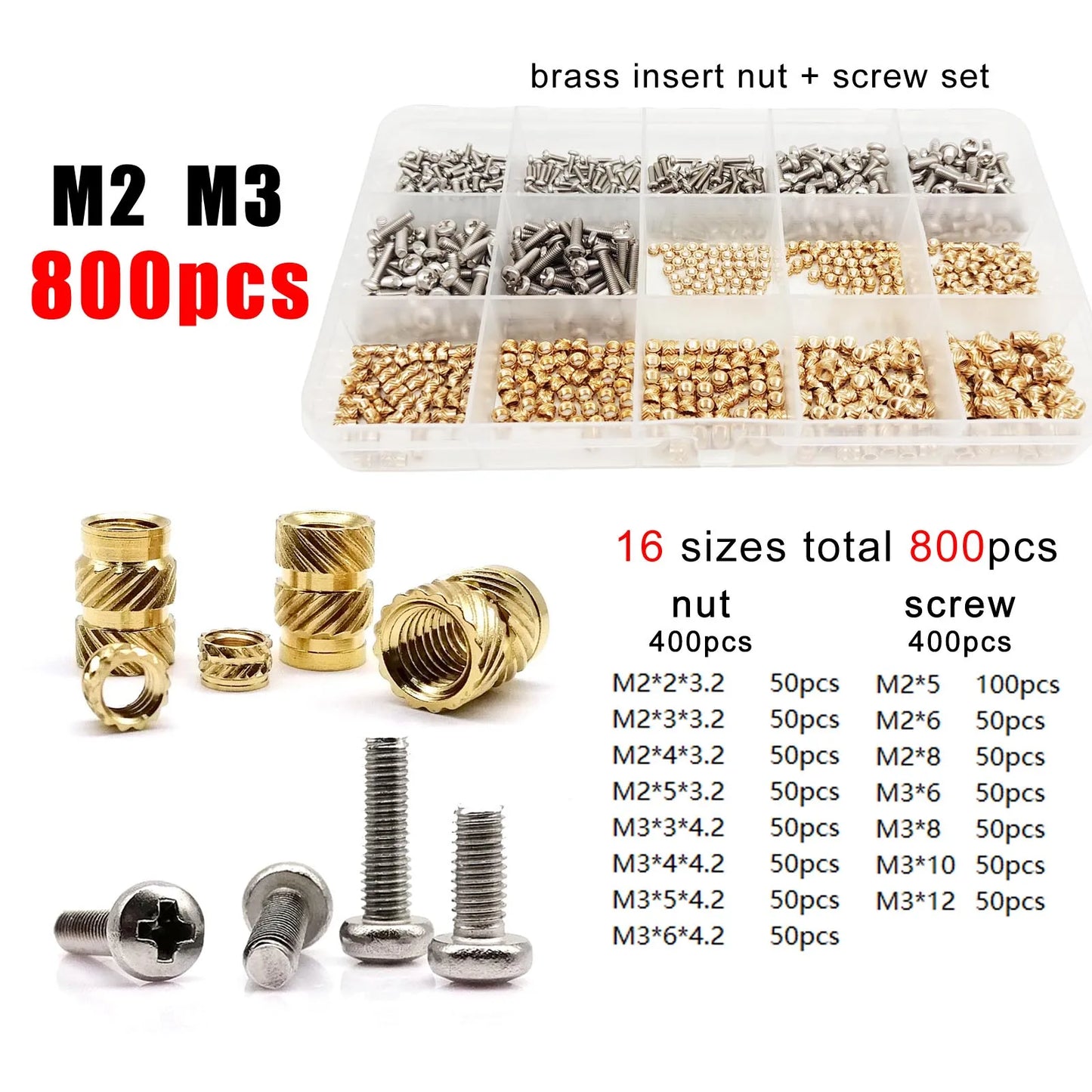 M1.4 M1.6 M2 M2.5 M3 M4 M5M6 Brass Copper Twill Knurled Thread Hot Heat Melt Injection 3D Print Embed Insert Nut Screw Kit Set