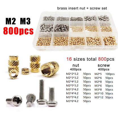 M1.4 M1.6 M2 M2.5 M3 M4 M5M6 Brass Copper Twill Knurled Thread Hot Heat Melt Injection 3D Print Embed Insert Nut Screw Kit Set
