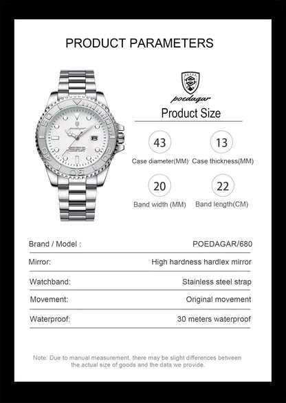 POEDAGAR Casual Fashion Man Wristwatch Waterproof Luminous Date Exquisite Men Watch Stainless Steel Classic Men's Quartz Watches