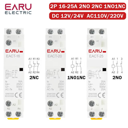 DC 12V/24V AC 110V/220V 50/60Hz 2P 16A 20A 25A 2NO 2NC 1NO1NC Din Rail Mounted Household Modular Contactor for Smart Home House