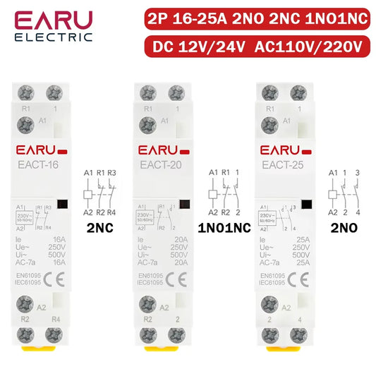 DC 12V/24V AC 110V/220V 50/60Hz 2P 16A 20A 25A 2NO 2NC 1NO1NC Din Rail Mounted Household Modular Contactor for Smart Home House