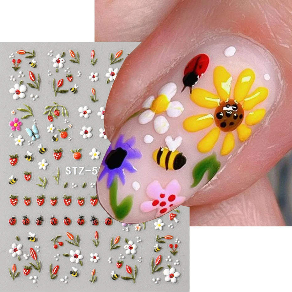 5D Embossed Kawaii Ladybug Sliders Spring White Daisy Flowers Nail Stickers DIY Simple Petals Wedding Nails Decals Accesories