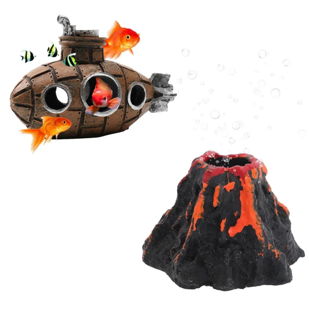 Aquarium Decoration Set Resin Submarine & Volcano Air Bubbler Fish Tank Ornaments Landscape Accessories for Betta Shrimp Decor