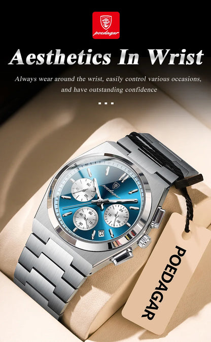 POEDAGAR Fashion Man Watches Chronograph Date Stainless Steel Casual Men Wristwatch Waterproof Luminous Men's Quartz Watch Reloj