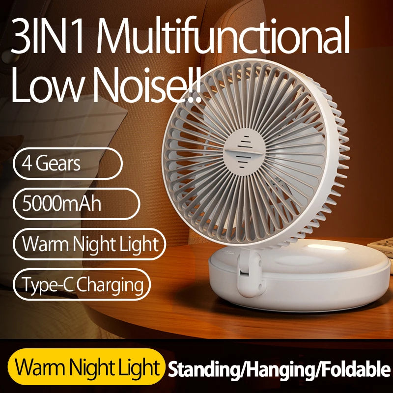 2024 New Rechargeable 3IN1 Multifunctional Portable Fan Wall Mounted Fan 90° Folding Fan 4 Gears With Warm Night Light