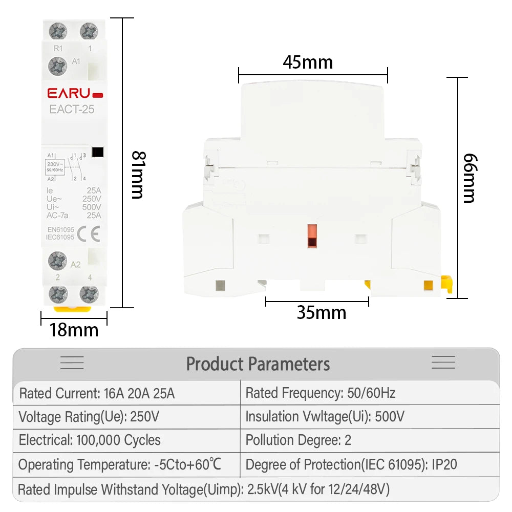 DC 12V/24V AC 110V/220V 50/60Hz 2P 16A 20A 25A 2NO 2NC 1NO1NC Din Rail Mounted Household Modular Contactor for Smart Home House