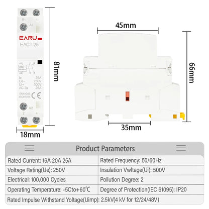 DC 12V/24V AC 110V/220V 50/60Hz 2P 16A 20A 25A 2NO 2NC 1NO1NC Din Rail Mounted Household Modular Contactor for Smart Home House